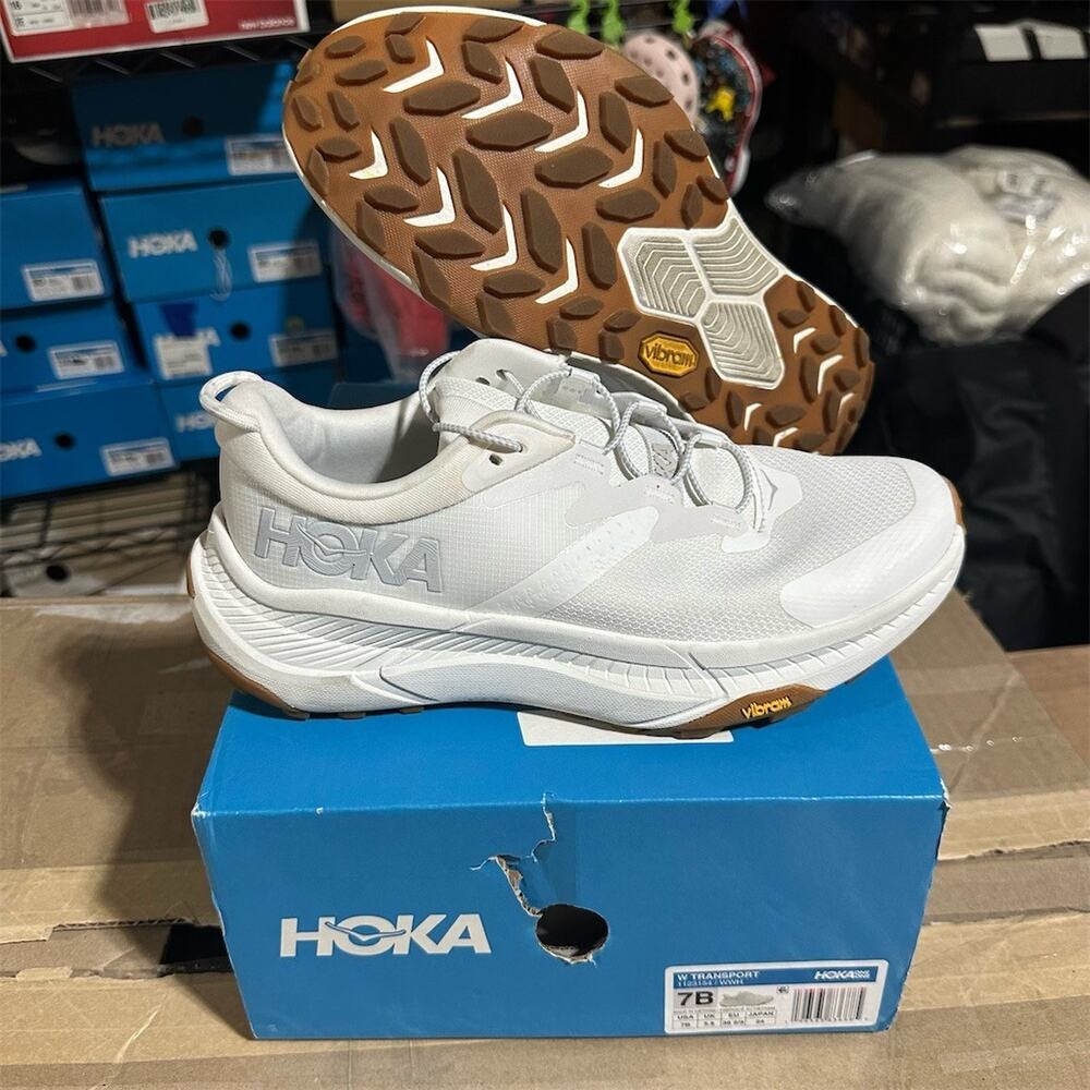 HOKA Transport 'White/Gum' Vibram Comfort Casual Sneakers | Womens 7 B | EUC
